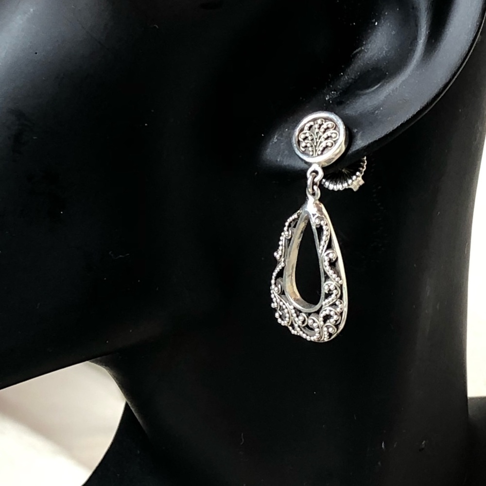 LOIS HILL Sterling Silver Open Teardrop Oxidized Earring w Caviar Droplet Accent